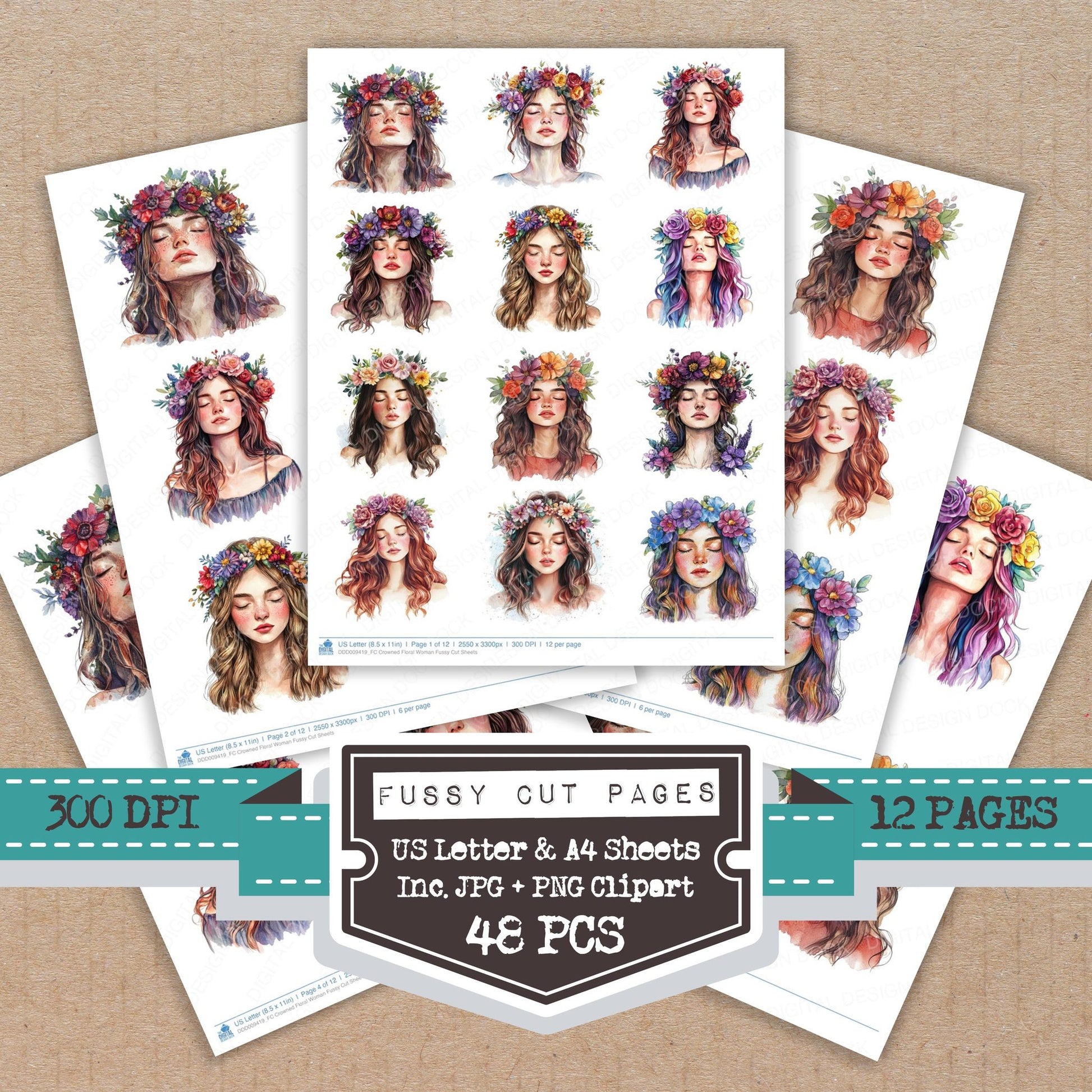 Crowned Floral Woman fussy cut printable sheets for junk journaling, scrapbooking, and paper craft projects