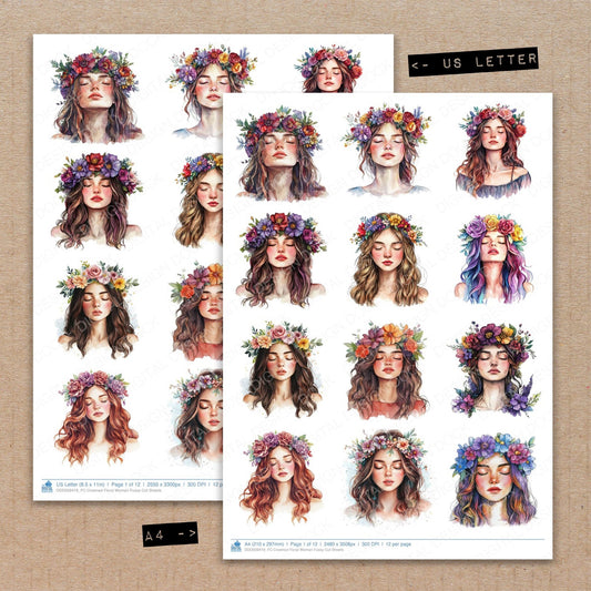 A4 and US Letter format comparison showing Crowned Floral Woman fussy cut pages for print and cut crafting