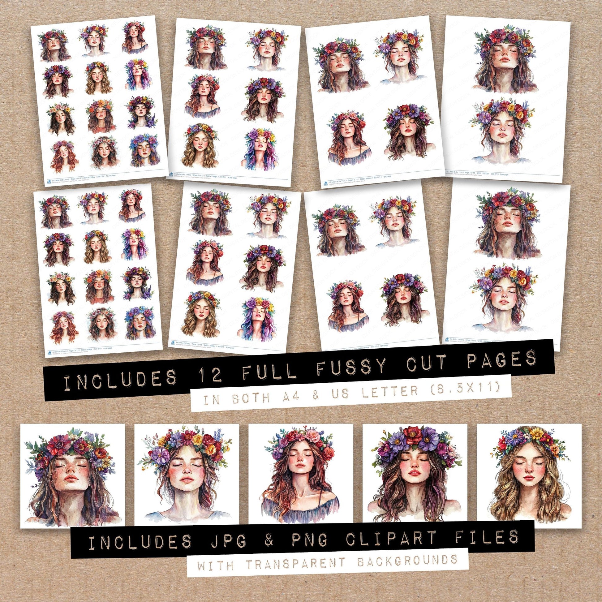 Full collection view of Crowned Floral Woman fussy cut sheets with bonus clipart JPG and PNG files