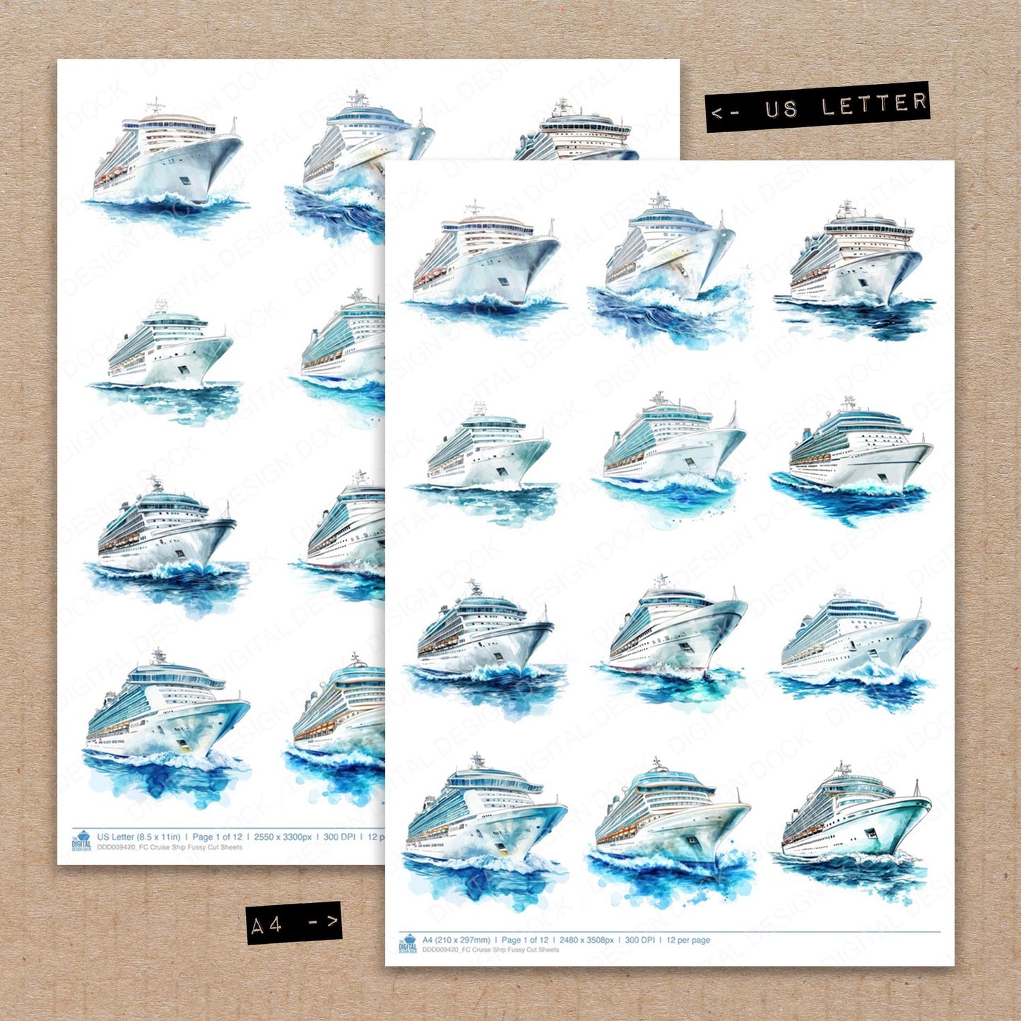 A4 and US Letter format comparison showing Cruise Ship fussy cut pages for print and cut crafting