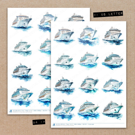 A4 and US Letter format comparison showing Cruise Ship fussy cut pages for print and cut crafting