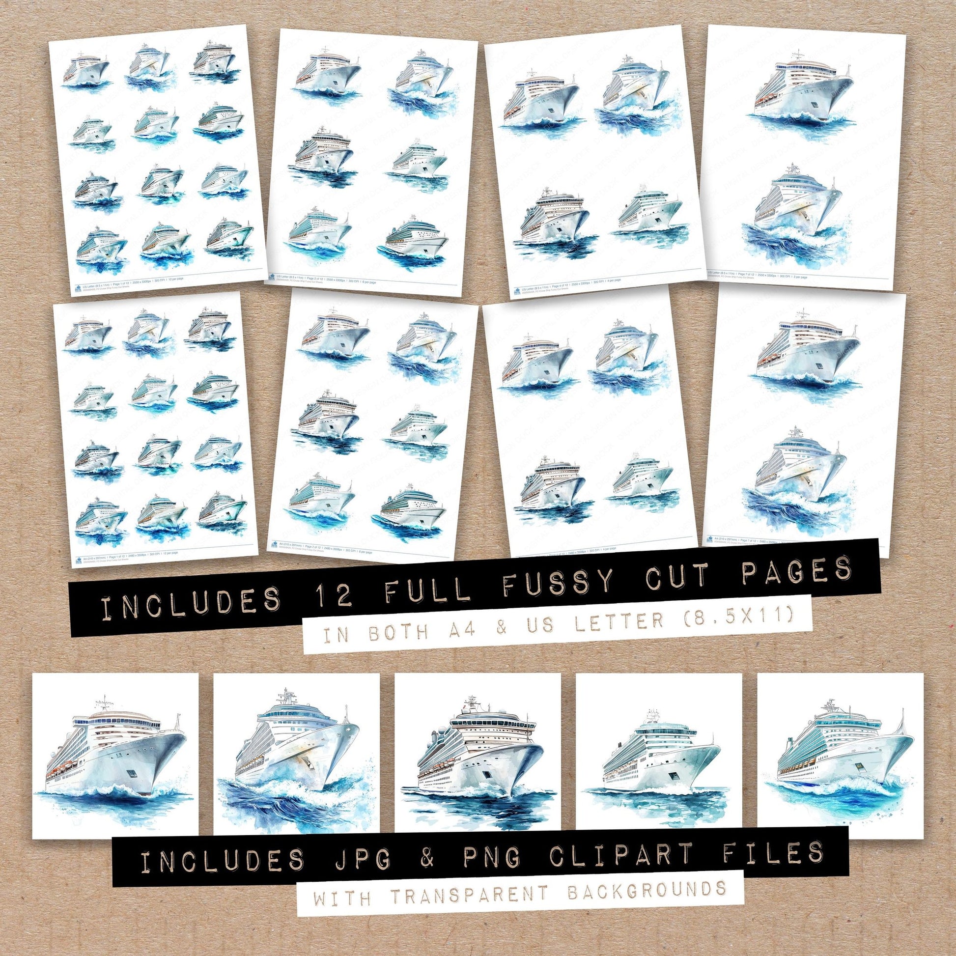 Full collection view of Cruise Ship fussy cut sheets with bonus clipart JPG and PNG files