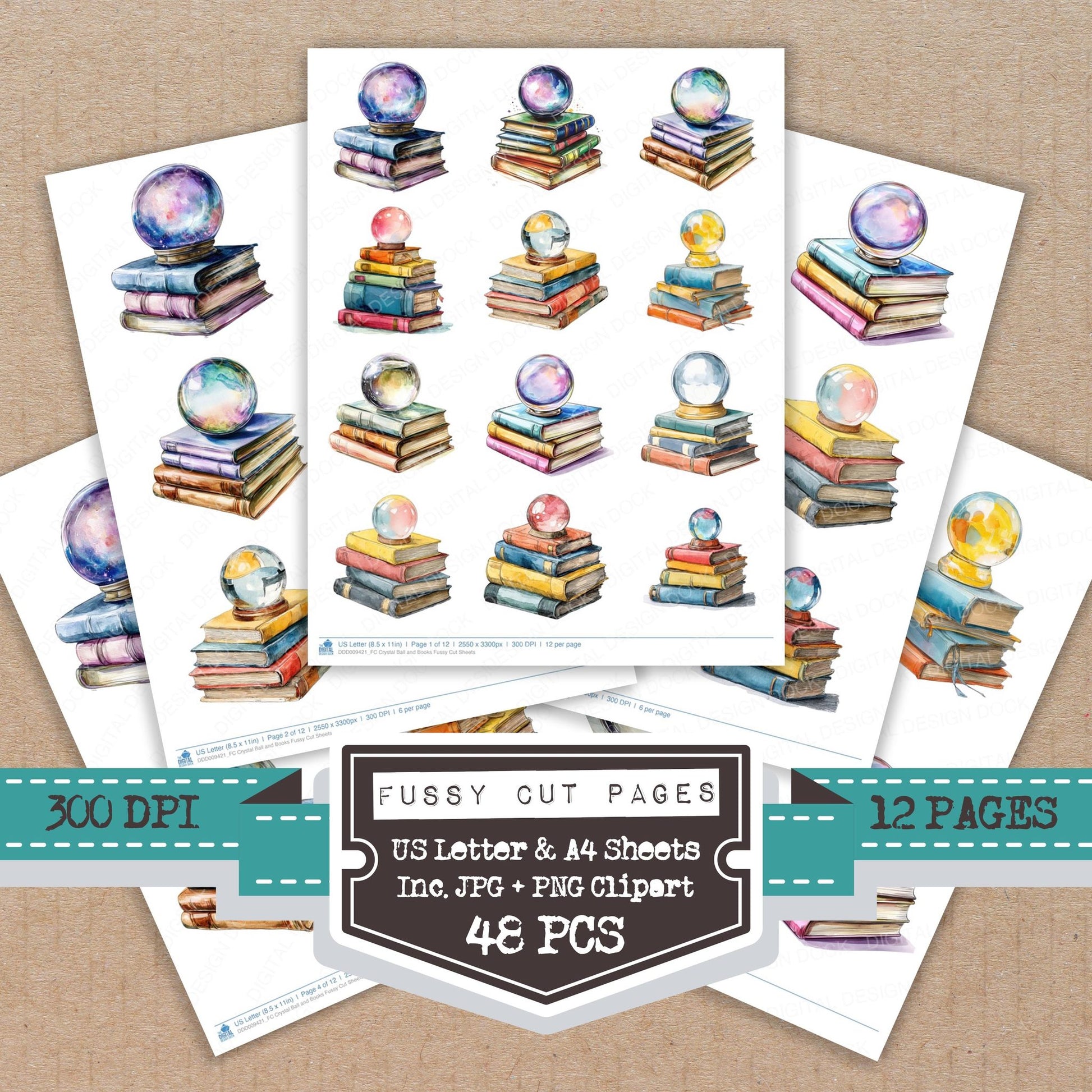 Crystal Ball and Books fussy cut printable sheets for junk journaling, scrapbooking, and paper craft projects