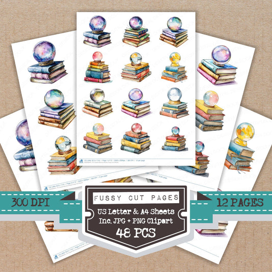 Crystal Ball and Books fussy cut printable sheets for junk journaling, scrapbooking, and paper craft projects