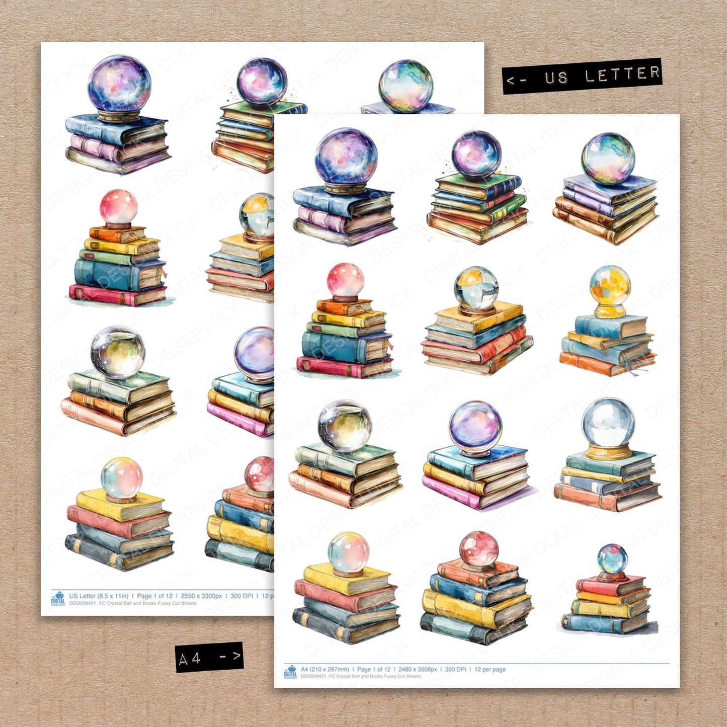 A4 and US Letter format comparison showing Crystal Ball and Books fussy cut pages for print and cut crafting