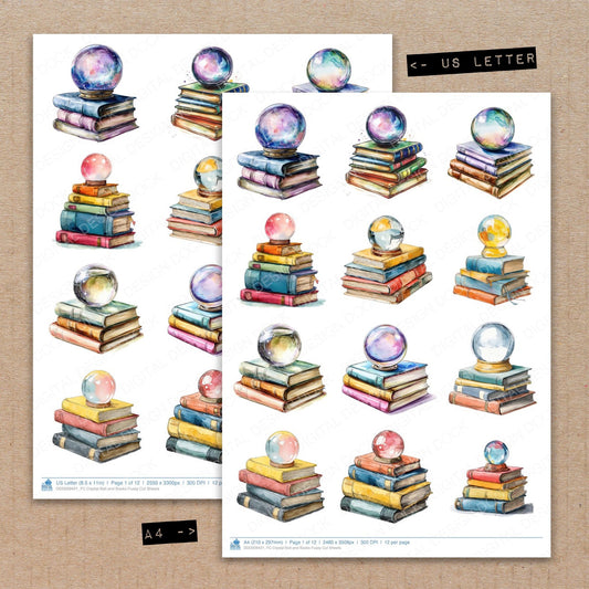A4 and US Letter format comparison showing Crystal Ball and Books fussy cut pages for print and cut crafting