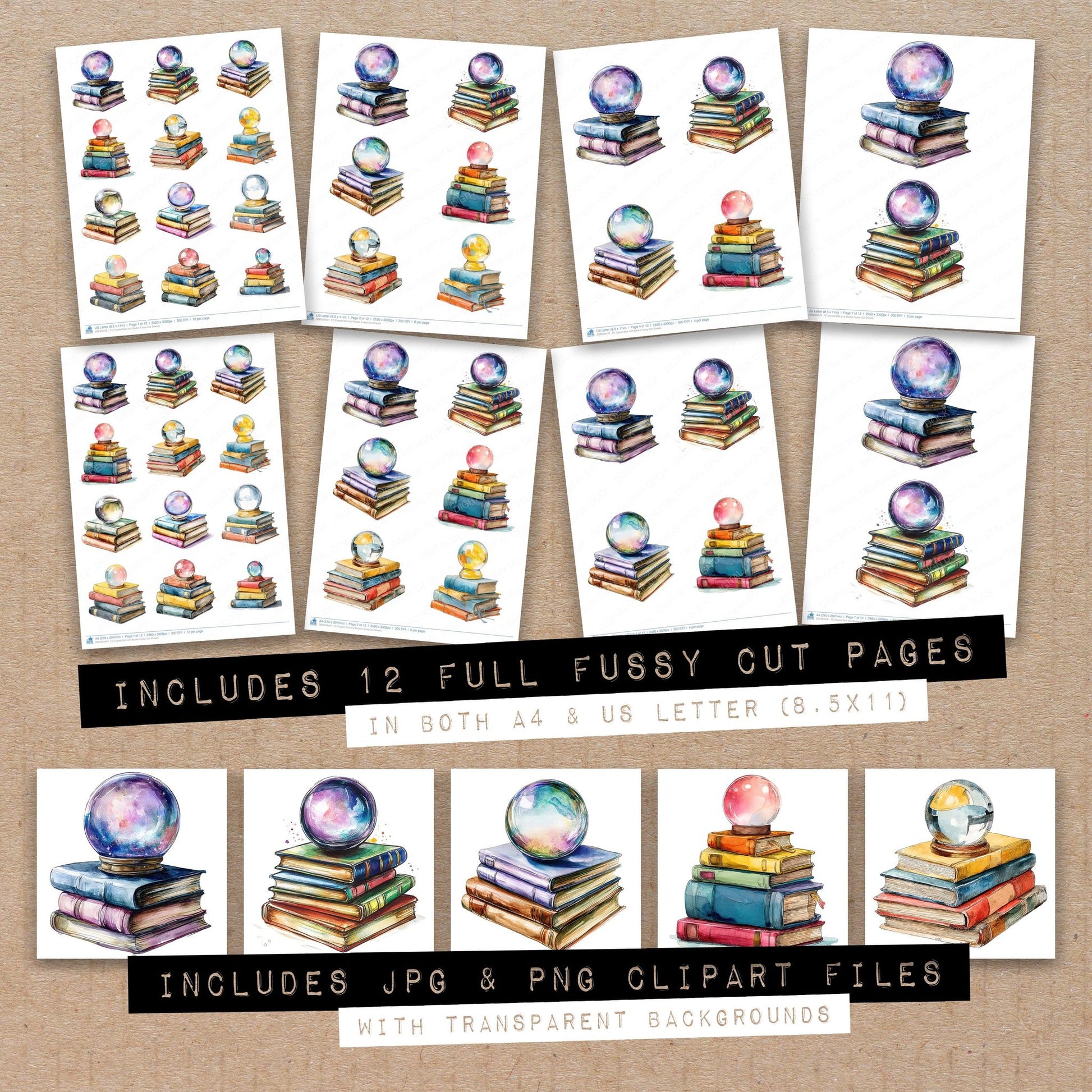 Full collection view of Crystal Ball and Books fussy cut sheets with bonus clipart JPG and PNG files