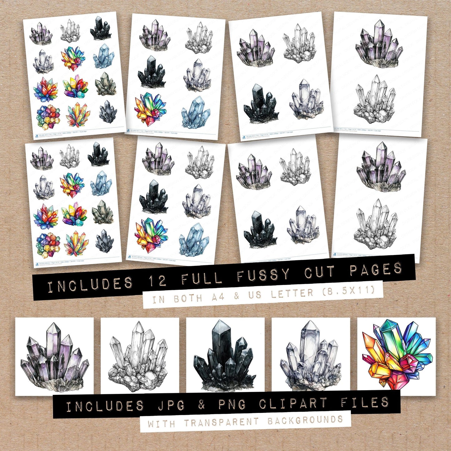 Full collection view of Crystal Cluster fussy cut sheets with bonus clipart JPG and PNG files