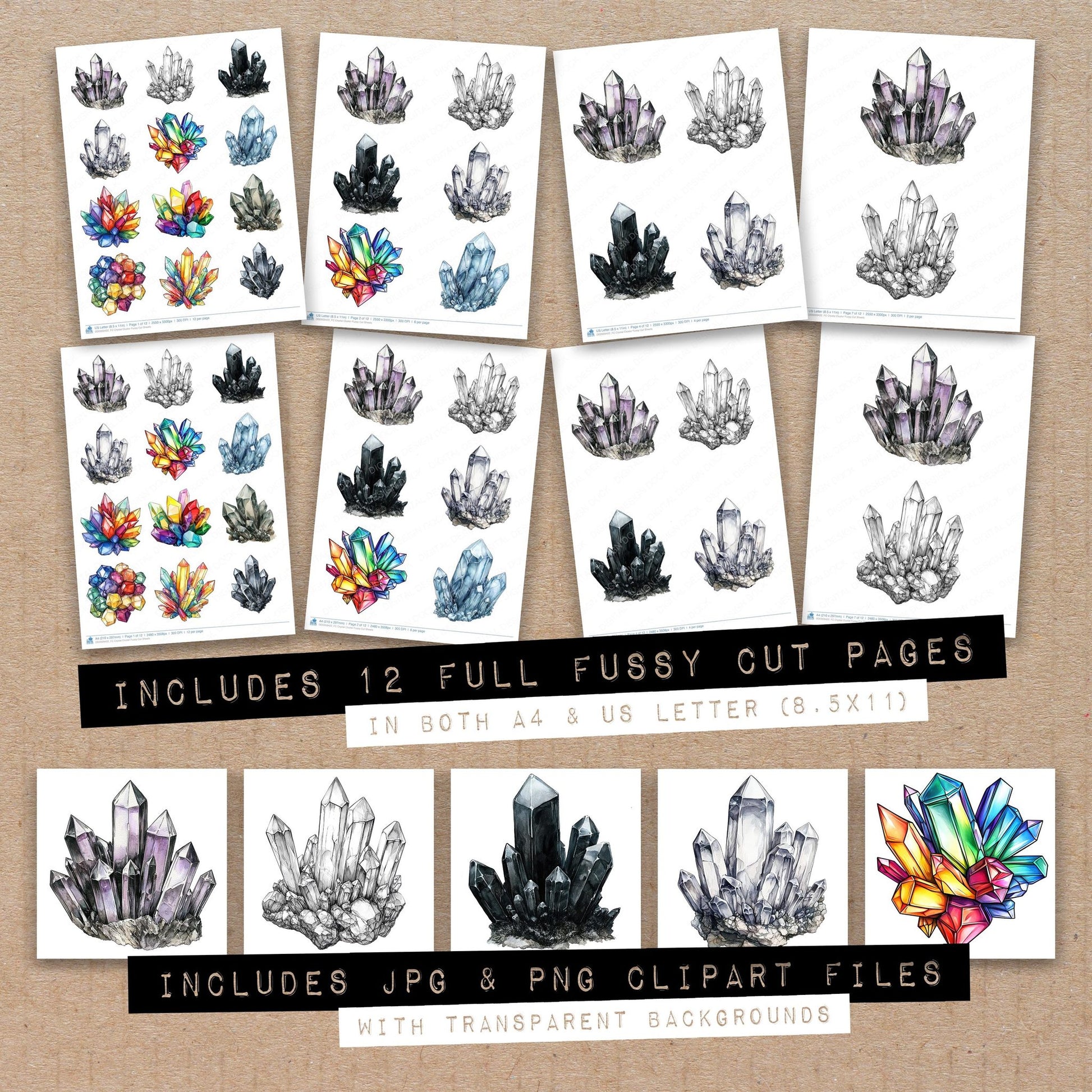 Full collection view of Crystal Cluster fussy cut sheets with bonus clipart JPG and PNG files