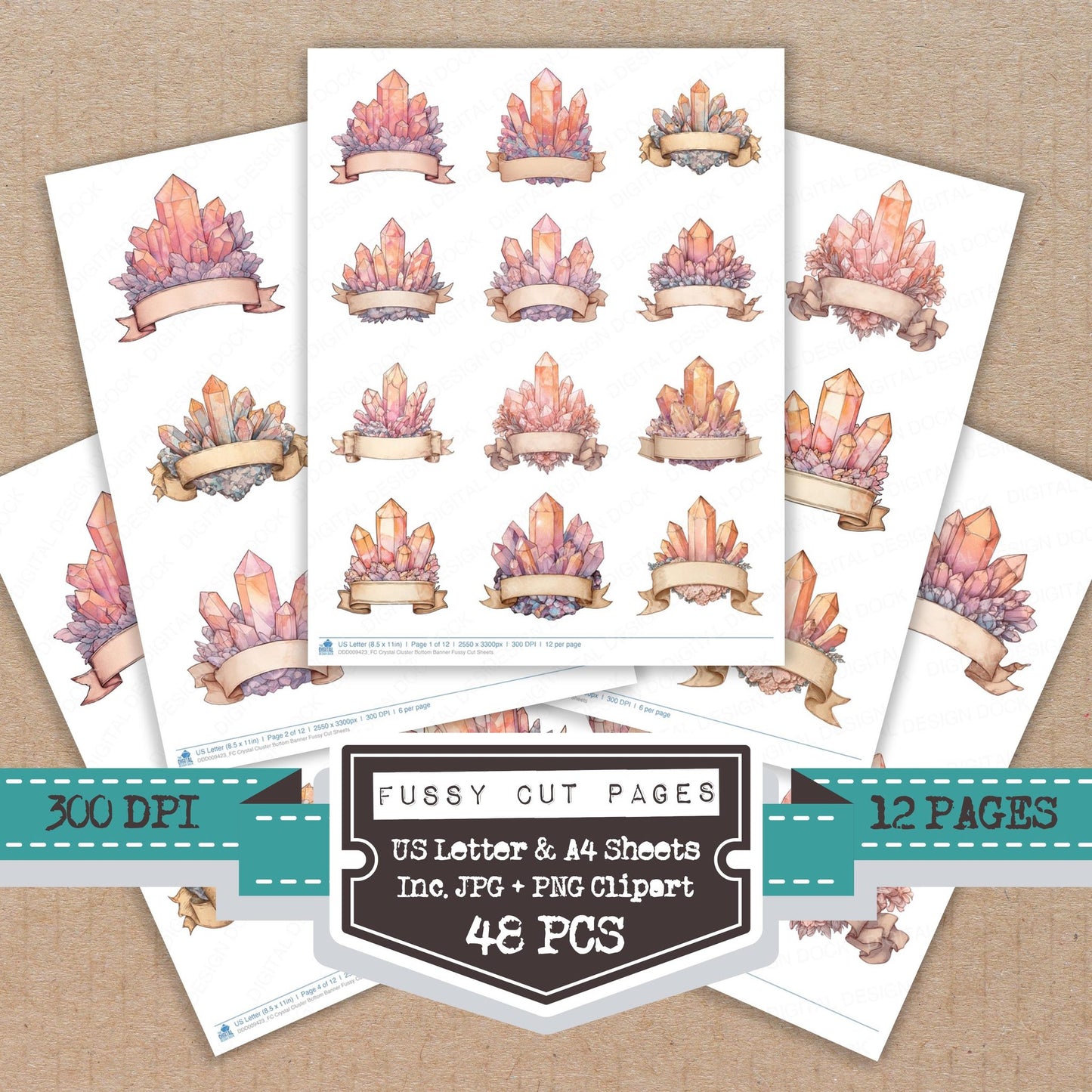 Crystal Cluster Bottom Banner fussy cut printable sheets for junk journaling, scrapbooking, and paper craft projects