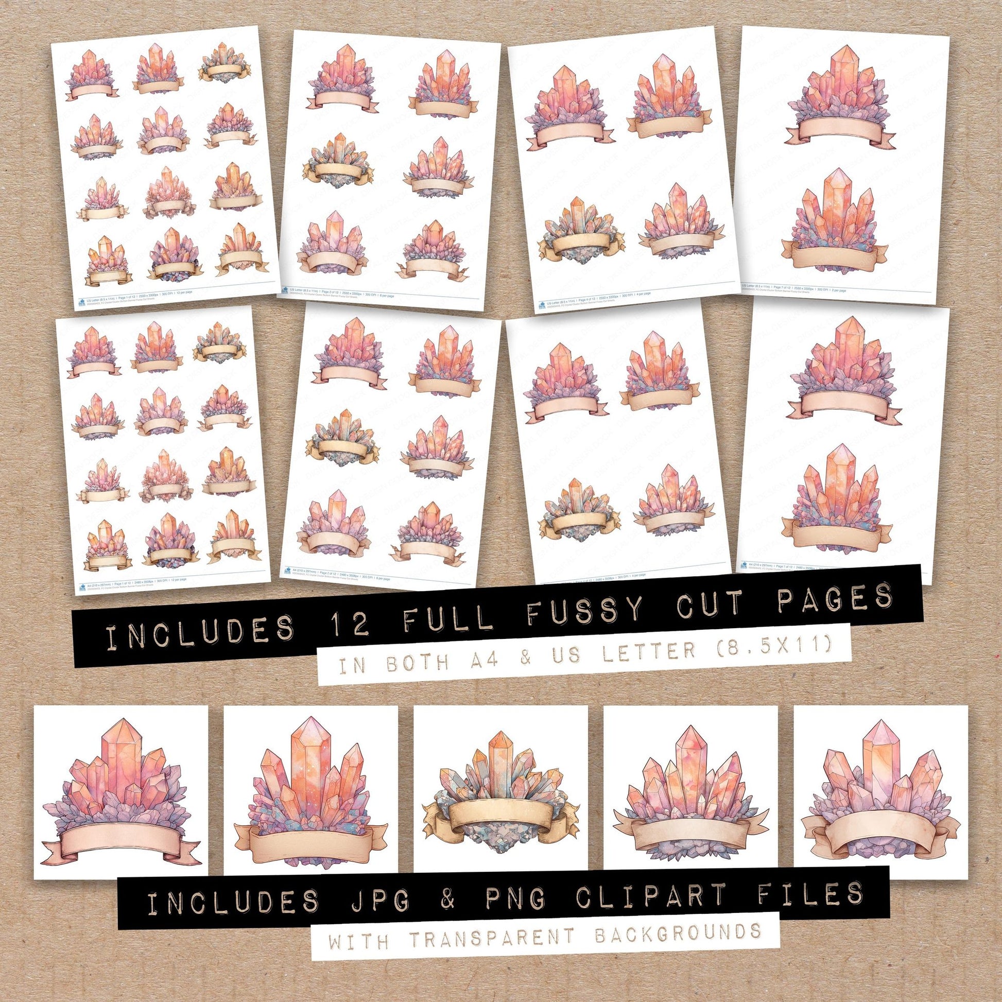 Full collection view of Crystal Cluster Bottom Banner fussy cut sheets with bonus clipart JPG and PNG files