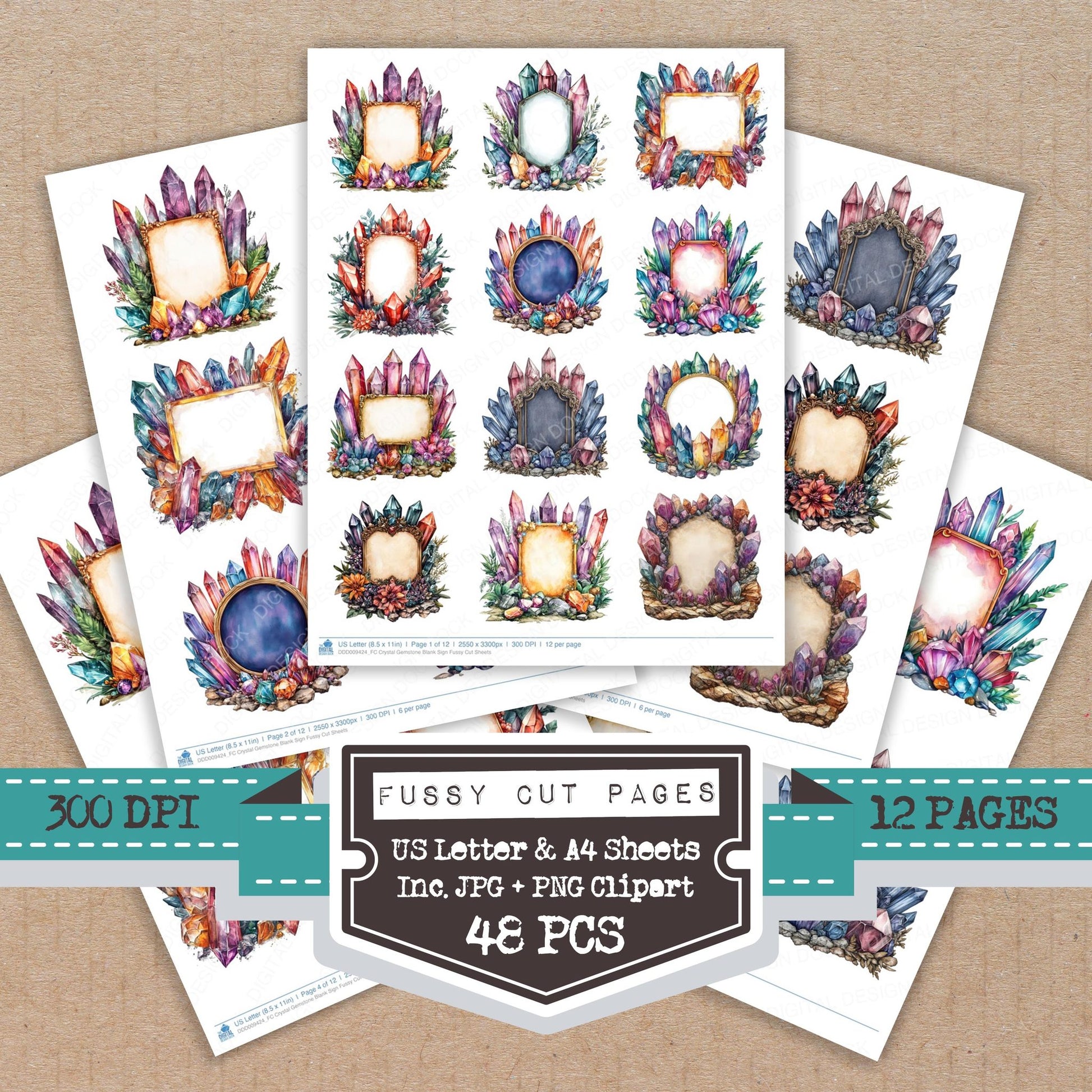 Crystal Gemstone Blank Sign fussy cut printable sheets for junk journaling, scrapbooking, and paper craft projects