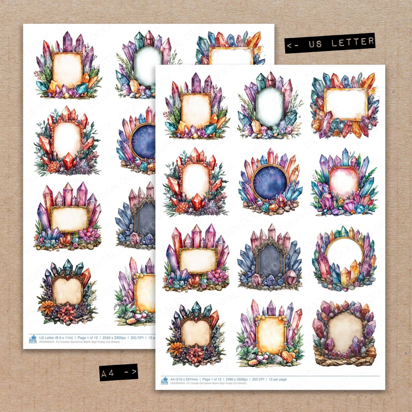 A4 and US Letter format comparison showing Crystal Gemstone Blank Sign fussy cut pages for print and cut crafting