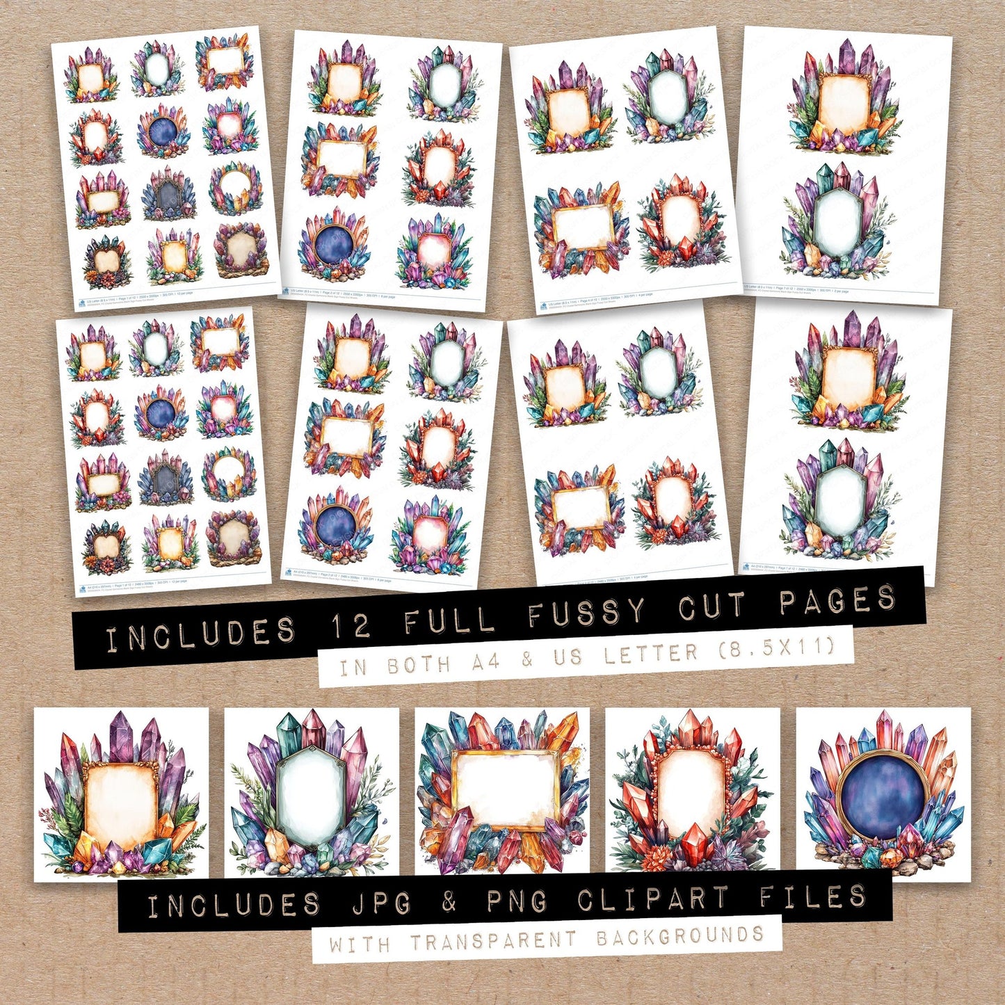 Full collection view of Crystal Gemstone Blank Sign fussy cut sheets with bonus clipart JPG and PNG files