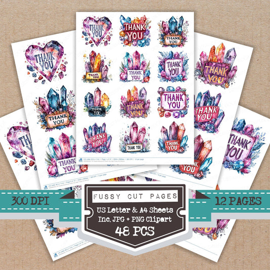 Crystal Gemstone Thank You Sign fussy cut printable sheets for junk journaling, scrapbooking, and paper craft projects