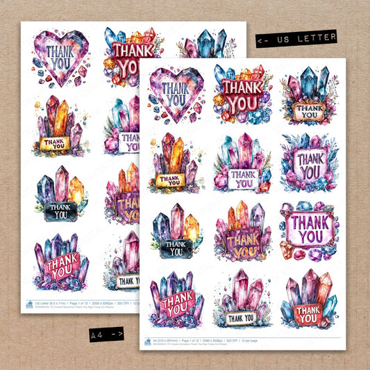 A4 and US Letter format comparison showing Crystal Gemstone Thank You Sign fussy cut pages for print and cut crafting