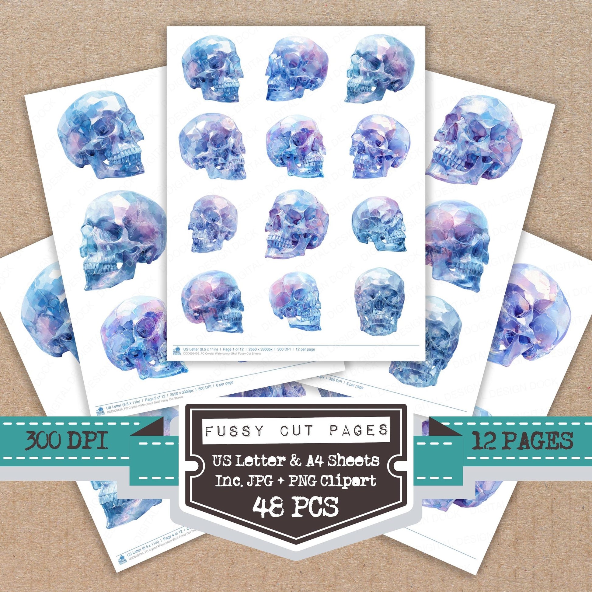 Crystal Watercolour Skull fussy cut printable sheets for junk journaling, scrapbooking, and paper craft projects
