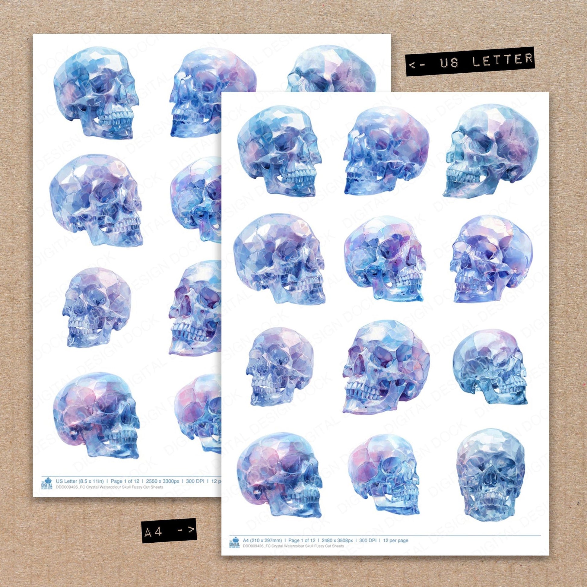 A4 and US Letter format comparison showing Crystal Watercolour Skull fussy cut pages for print and cut crafting