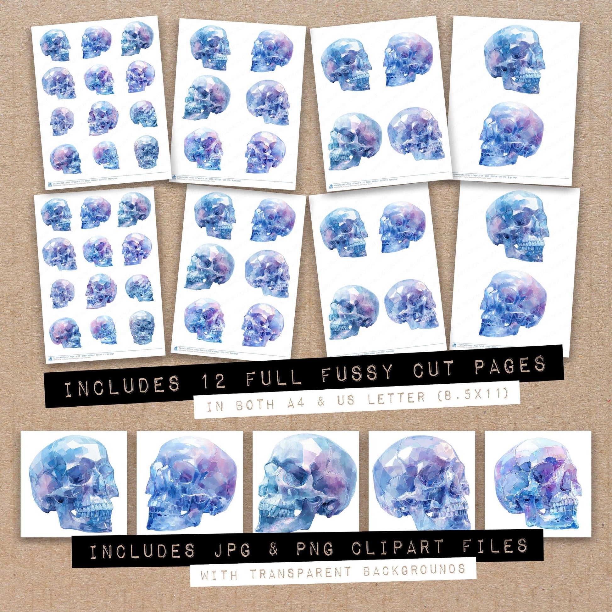 Full collection view of Crystal Watercolour Skull fussy cut sheets with bonus clipart JPG and PNG files