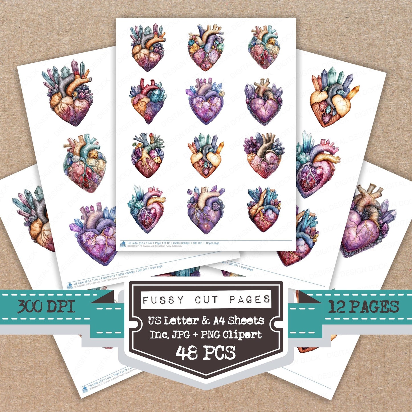 Crystals and Gems Heart fussy cut printable sheets for junk journaling, scrapbooking, and paper craft projects