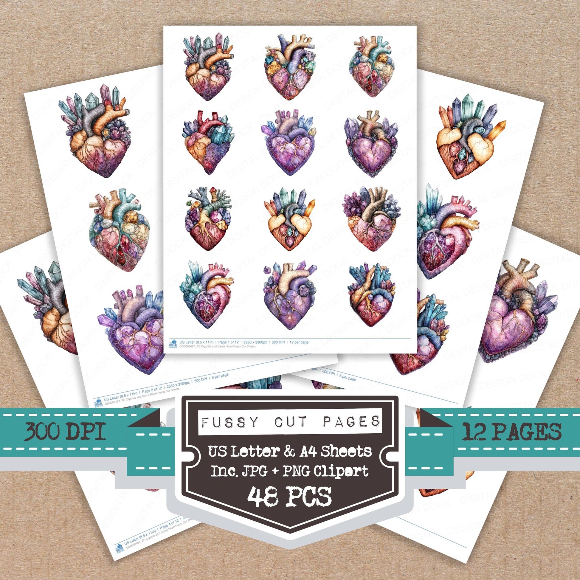 Crystals and Gems Heart fussy cut printable sheets for junk journaling, scrapbooking, and paper craft projects