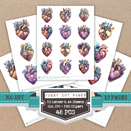 Crystals and Gems Heart fussy cut printable sheets for junk journaling, scrapbooking, and paper craft projects