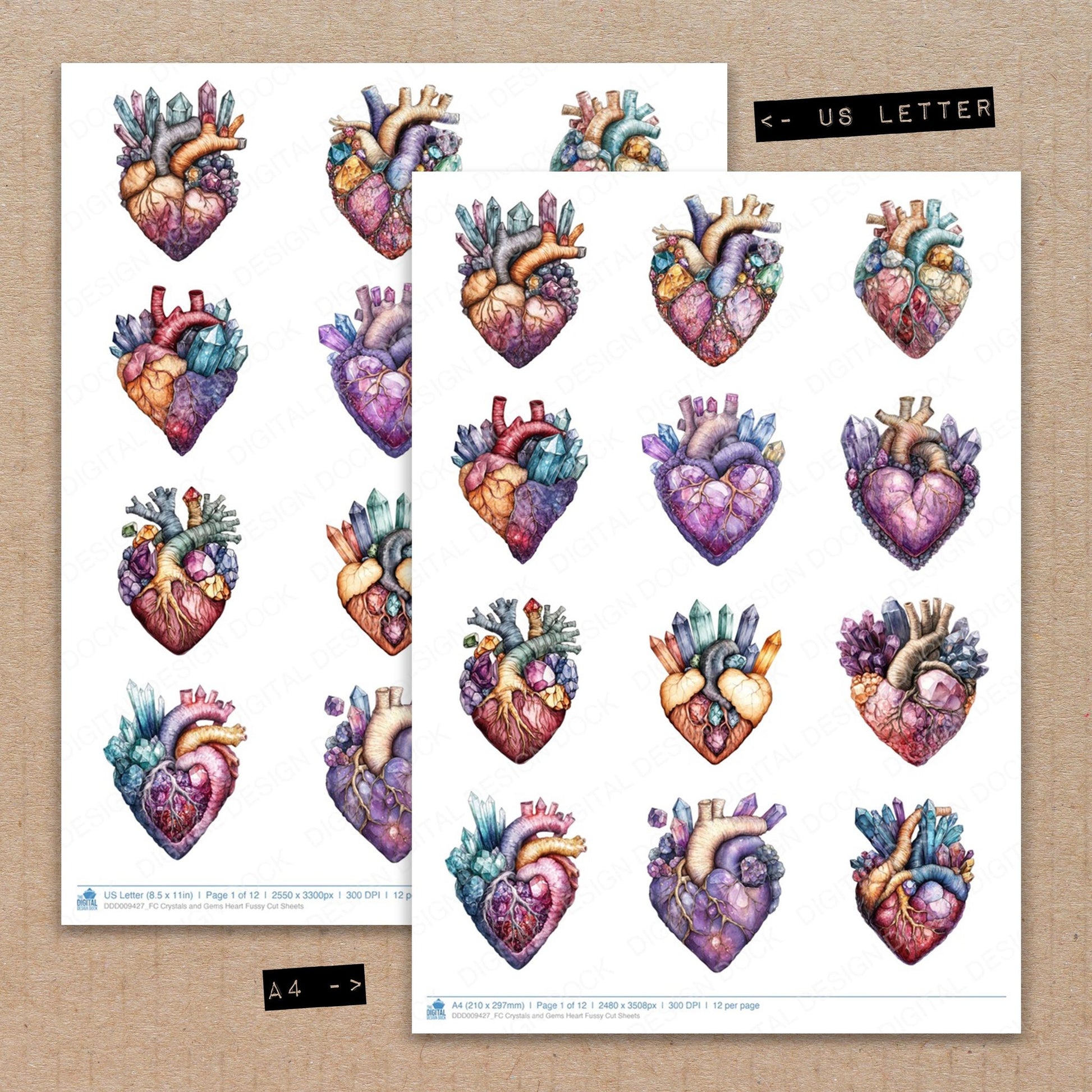 A4 and US Letter format comparison showing Crystals and Gems Heart fussy cut pages for print and cut crafting