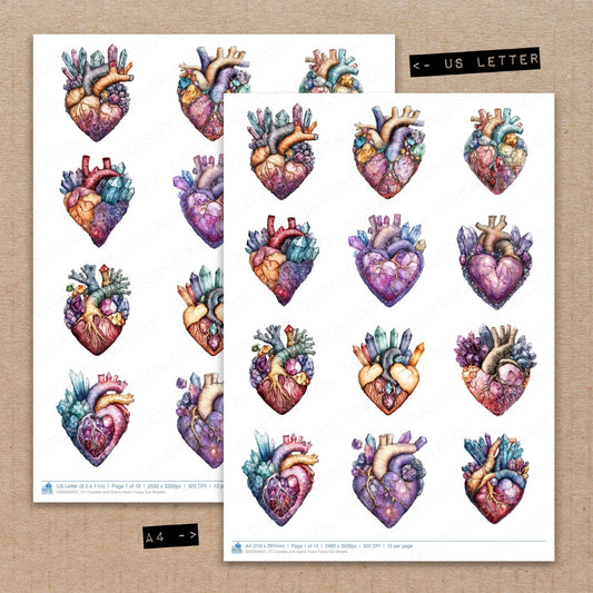 A4 and US Letter format comparison showing Crystals and Gems Heart fussy cut pages for print and cut crafting