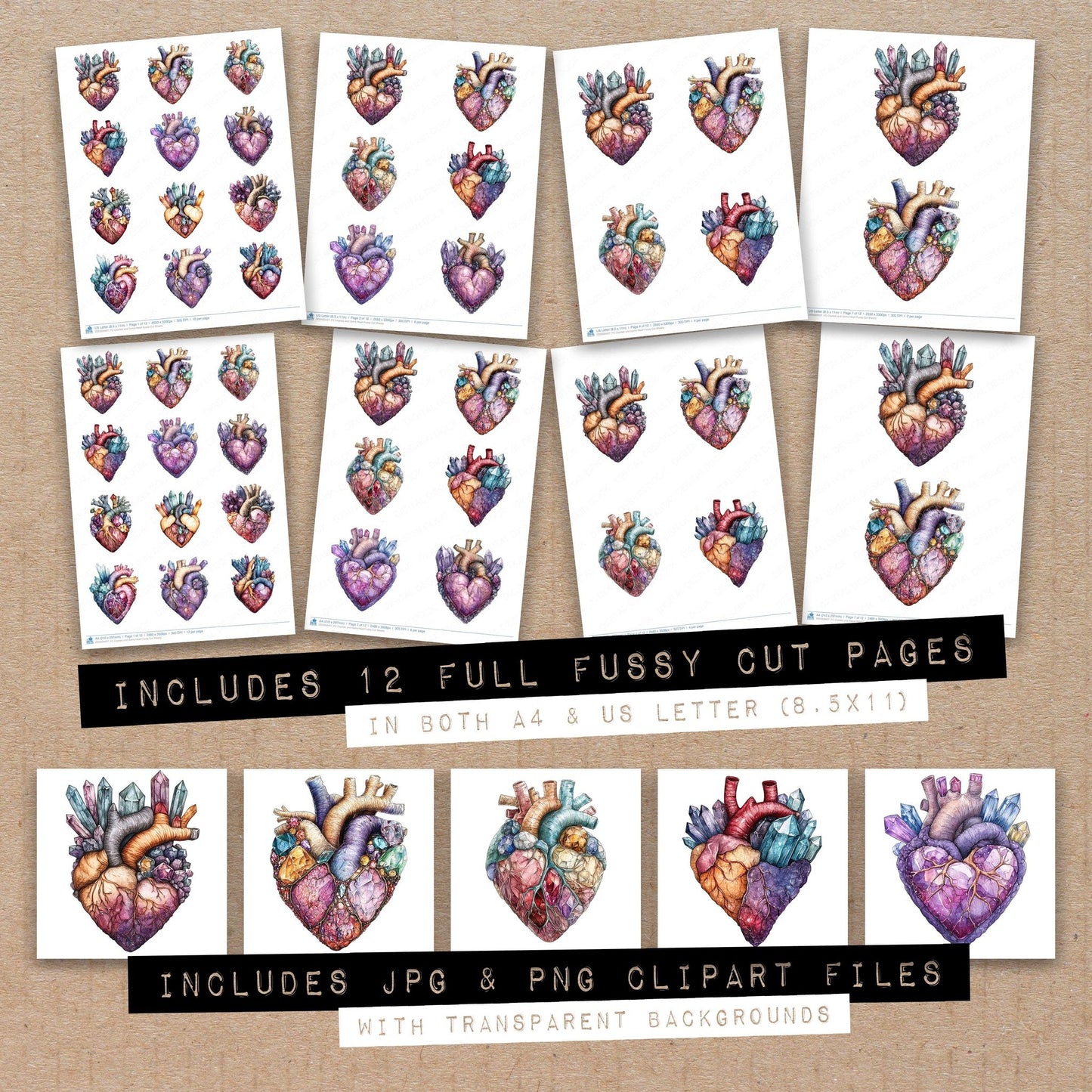 Full collection view of Crystals and Gems Heart fussy cut sheets with bonus clipart JPG and PNG files