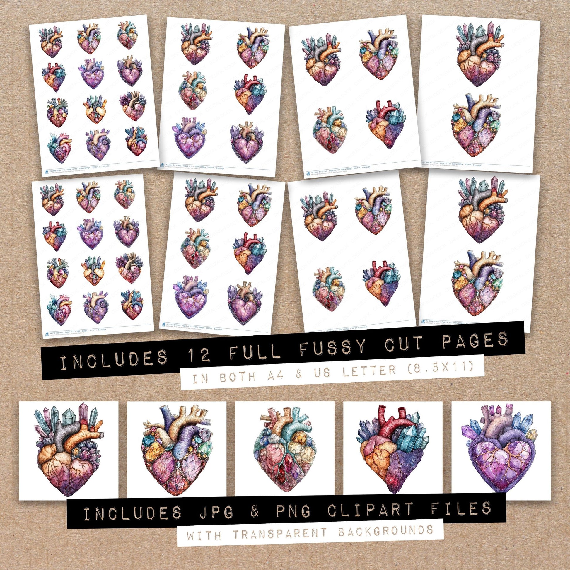 Full collection view of Crystals and Gems Heart fussy cut sheets with bonus clipart JPG and PNG files
