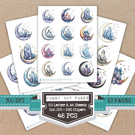 Crystals on Crescent Moon fussy cut printable sheets for junk journaling, scrapbooking, and paper craft projects
