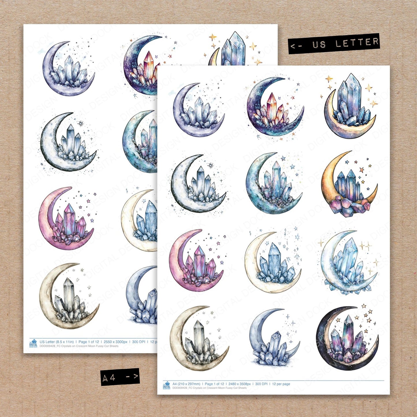 A4 and US Letter format comparison showing Crystals on Crescent Moon fussy cut pages for print and cut crafting