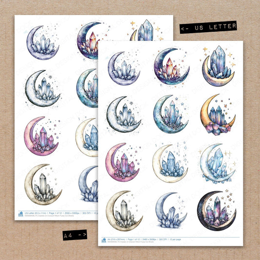 A4 and US Letter format comparison showing Crystals on Crescent Moon fussy cut pages for print and cut crafting