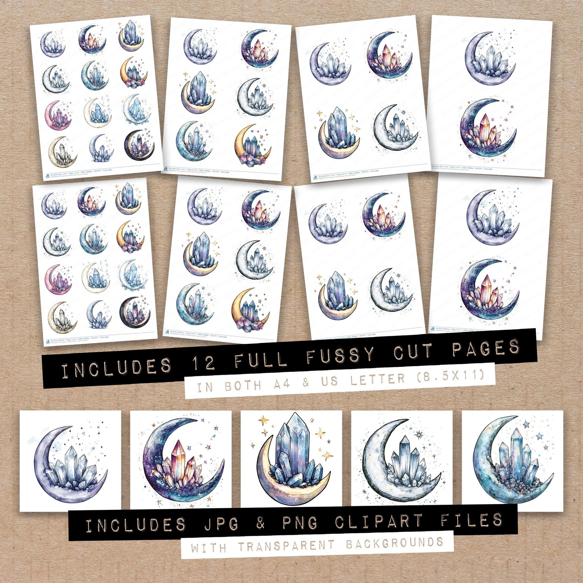 Full collection view of Crystals on Crescent Moon fussy cut sheets with bonus clipart JPG and PNG files