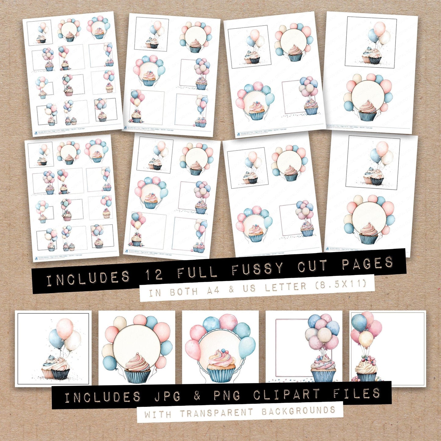 Cupcake Balloon Frame Fussy Cut Sheets (DDD009429)