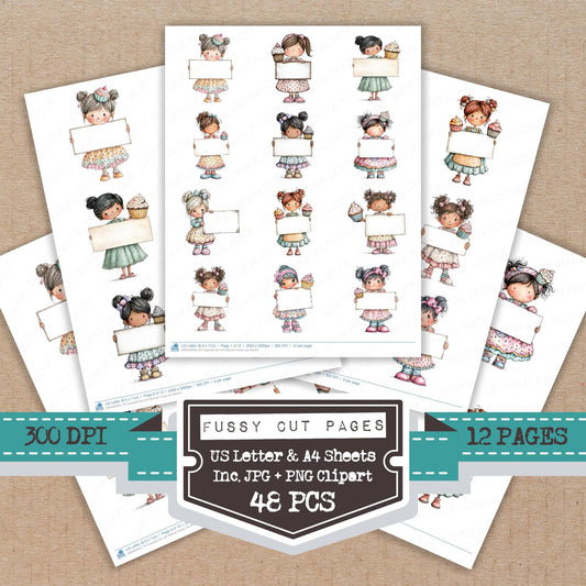 Cupcake Girl with Banner fussy cut printable sheets for junk journaling, scrapbooking, and paper craft projects