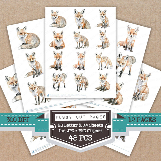Curious Watercolour Fox fussy cut printable sheets for junk journaling, scrapbooking, and paper craft projects