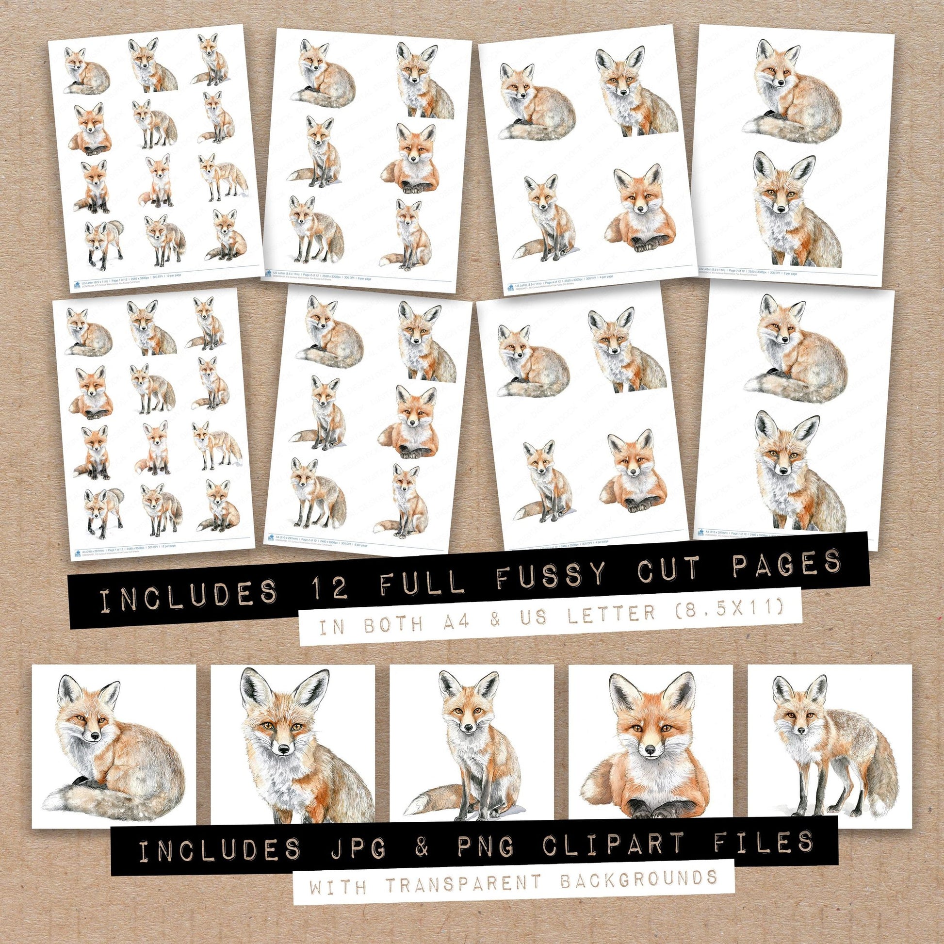 Full collection view of Curious Watercolour Fox fussy cut sheets with bonus clipart JPG and PNG files