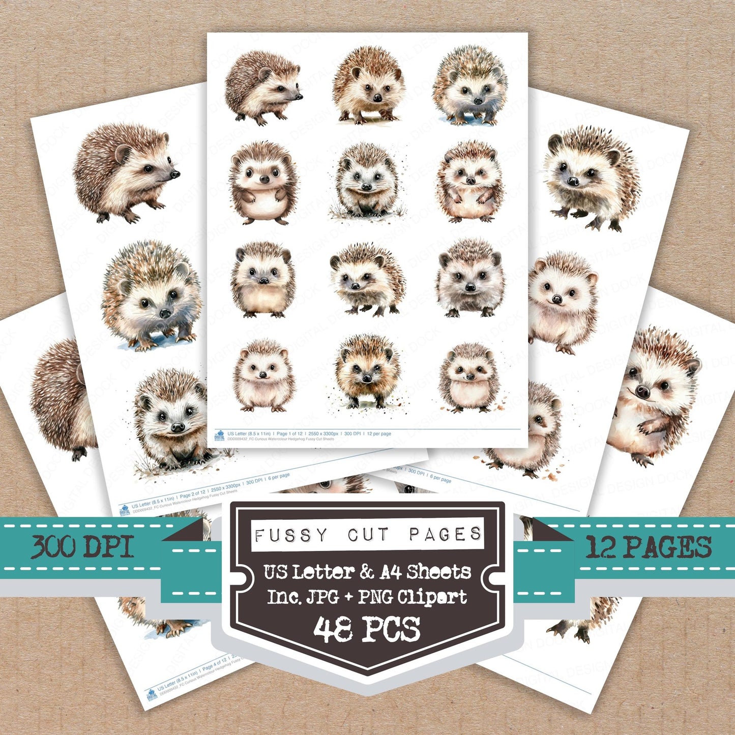 Curious Watercolour Hedgehog fussy cut printable sheets for junk journaling, scrapbooking, and paper craft projects