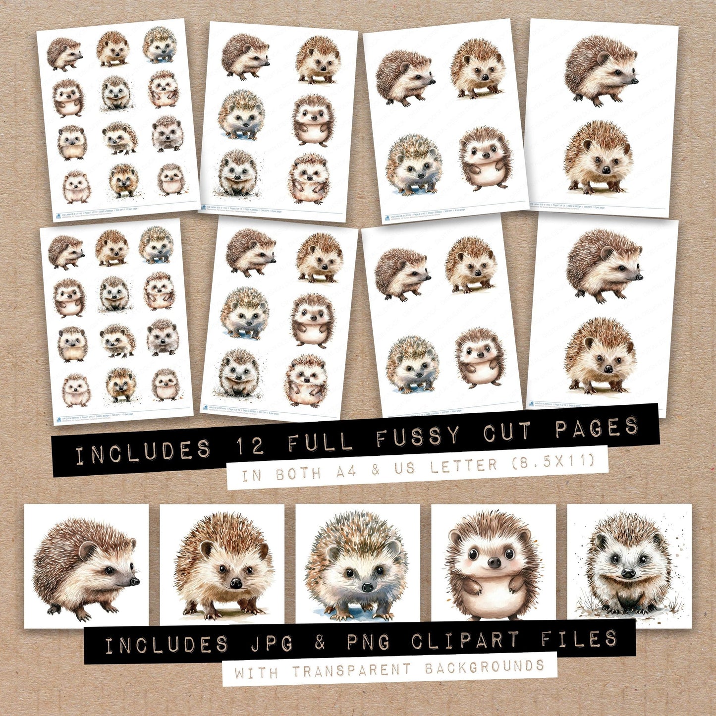 Full collection view of Curious Watercolour Hedgehog fussy cut sheets with bonus clipart JPG and PNG files