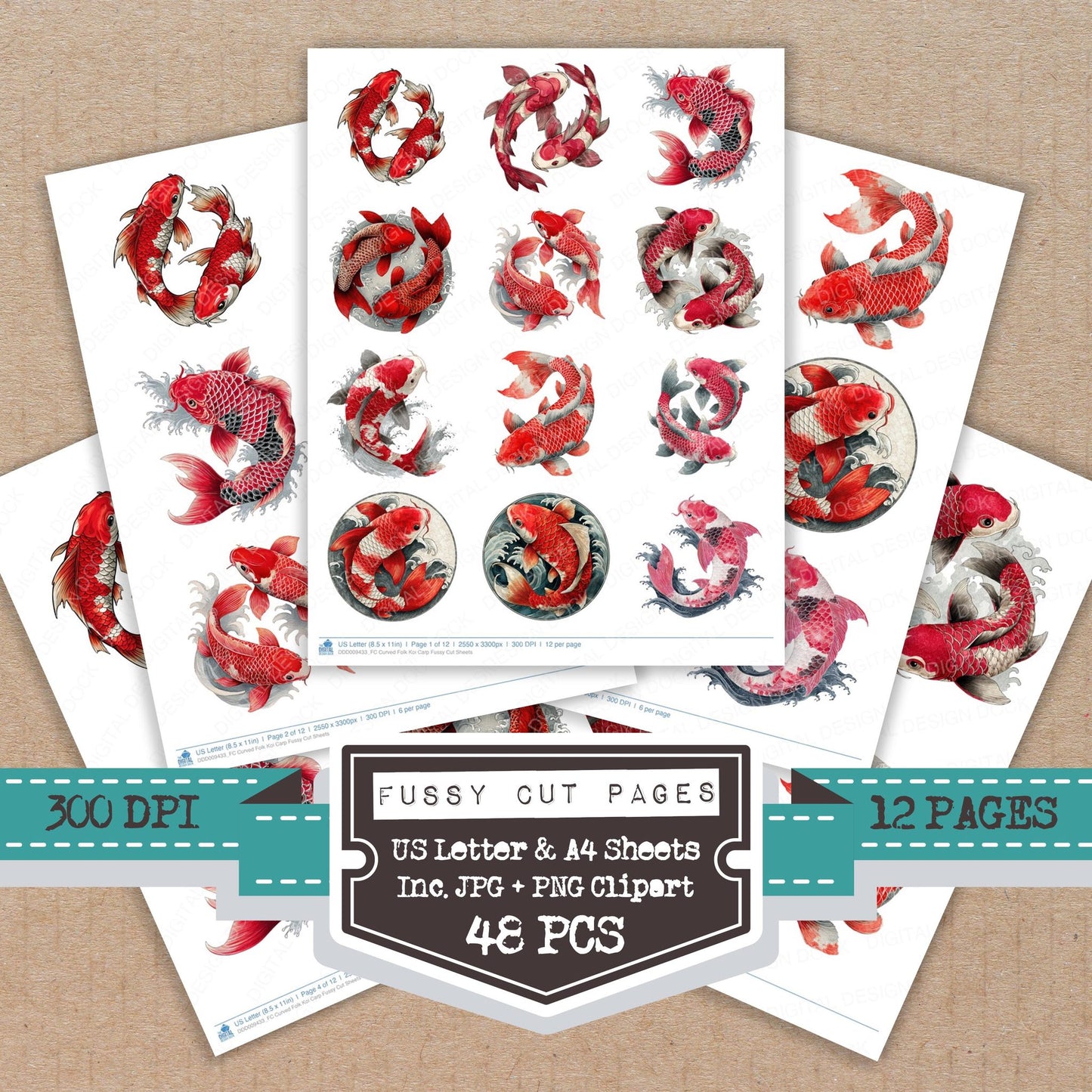 Curved Folk Koi Carp fussy cut printable sheets for junk journaling, scrapbooking, and paper craft projects