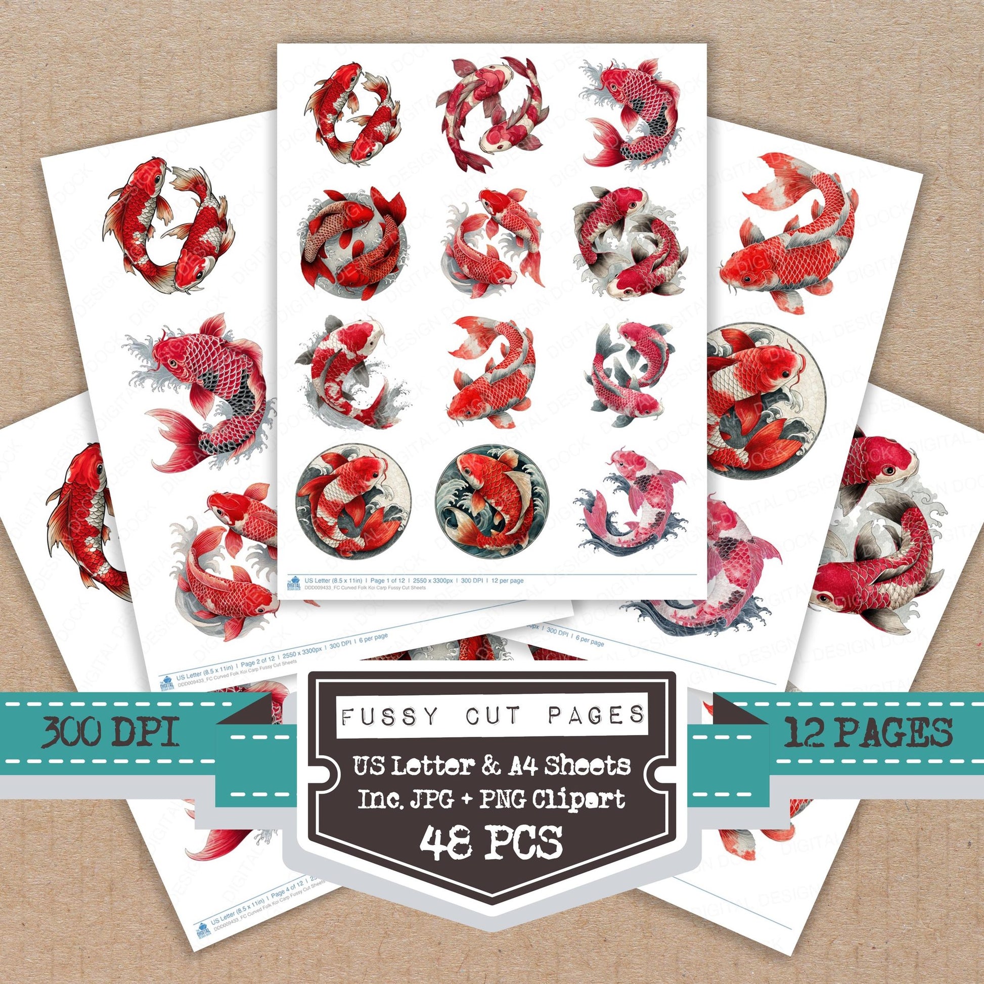 Curved Folk Koi Carp fussy cut printable sheets for junk journaling, scrapbooking, and paper craft projects