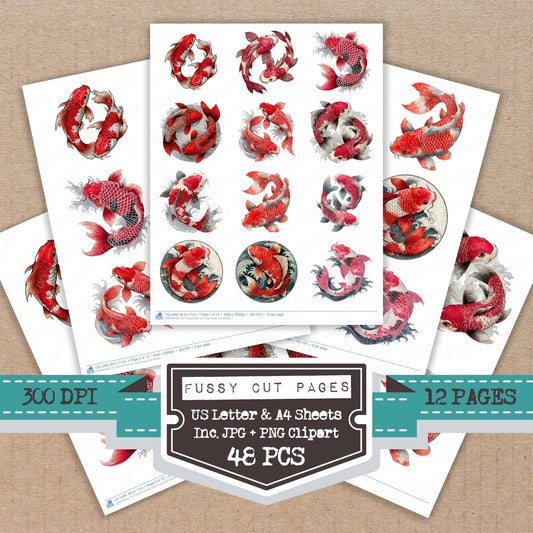 Curved Folk Koi Carp fussy cut printable sheets for junk journaling, scrapbooking, and paper craft projects