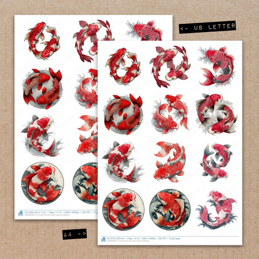 A4 and US Letter format comparison showing Curved Folk Koi Carp fussy cut pages for print and cut crafting
