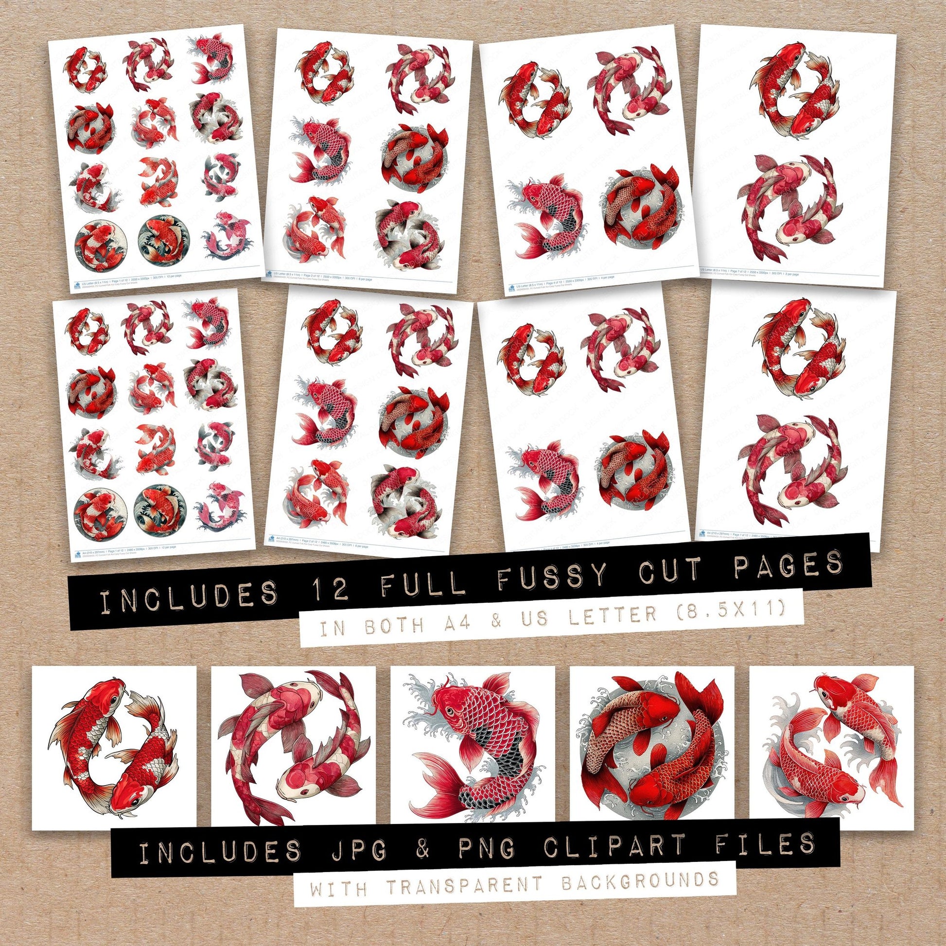 Full collection view of Curved Folk Koi Carp fussy cut sheets with bonus clipart JPG and PNG files