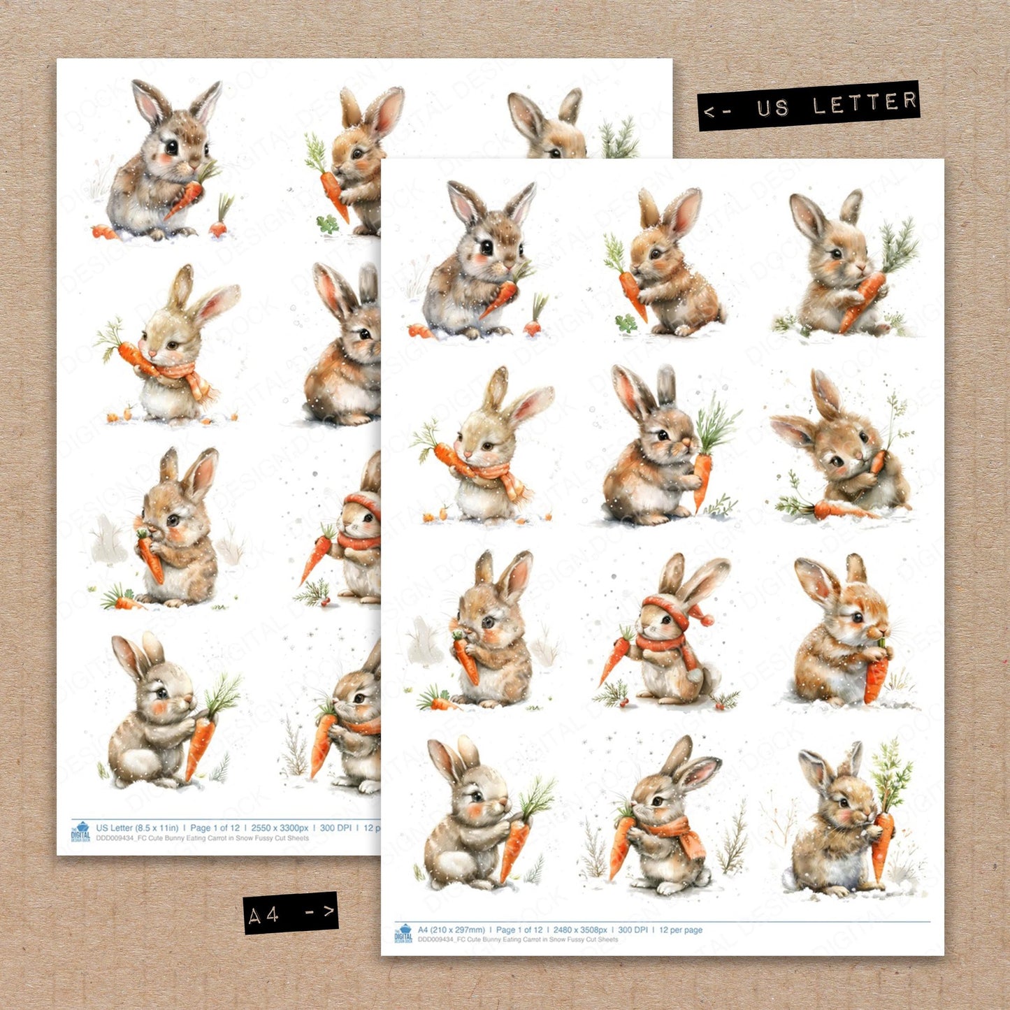 A4 and US Letter format comparison showing Cute Bunny Eating Carrot in Snow fussy cut pages for print and cut crafting