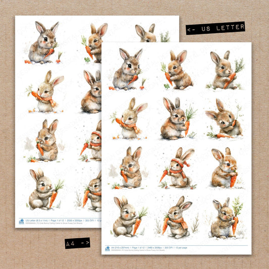 A4 and US Letter format comparison showing Cute Bunny Eating Carrot in Snow fussy cut pages for print and cut crafting