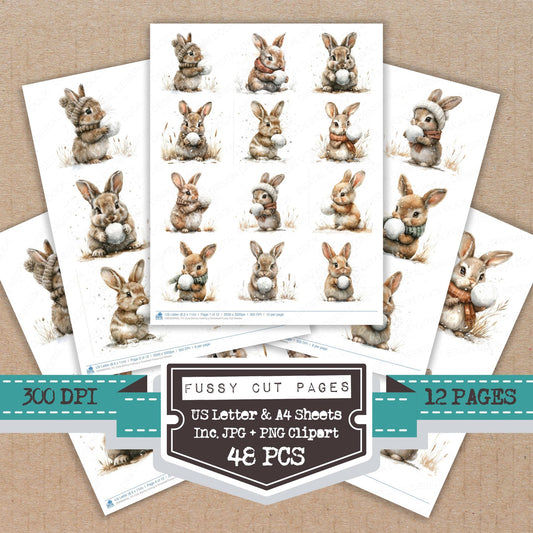 Cute Bunny making a Snowball fussy cut printable sheets for junk journaling, scrapbooking, and paper craft projects