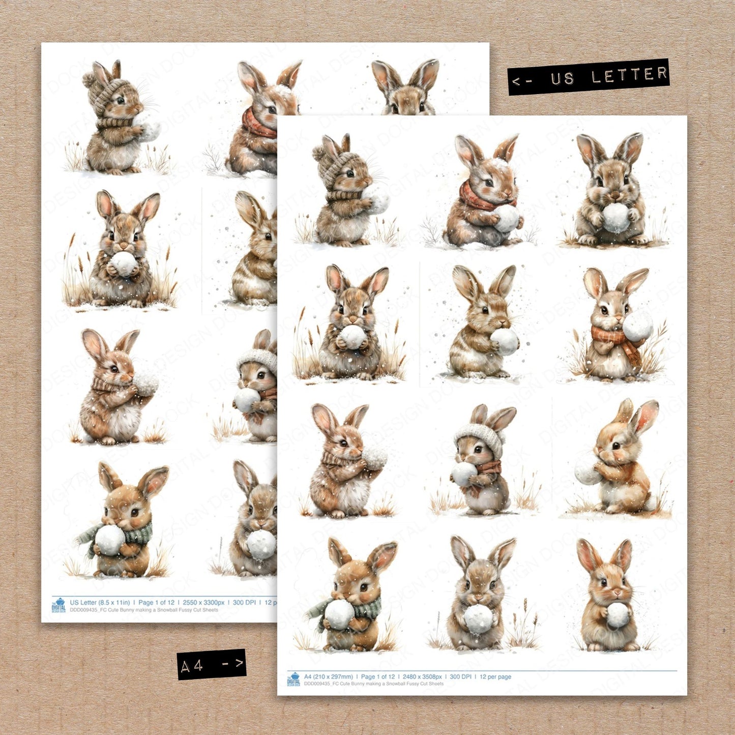 A4 and US Letter format comparison showing Cute Bunny making a Snowball fussy cut pages for print and cut crafting