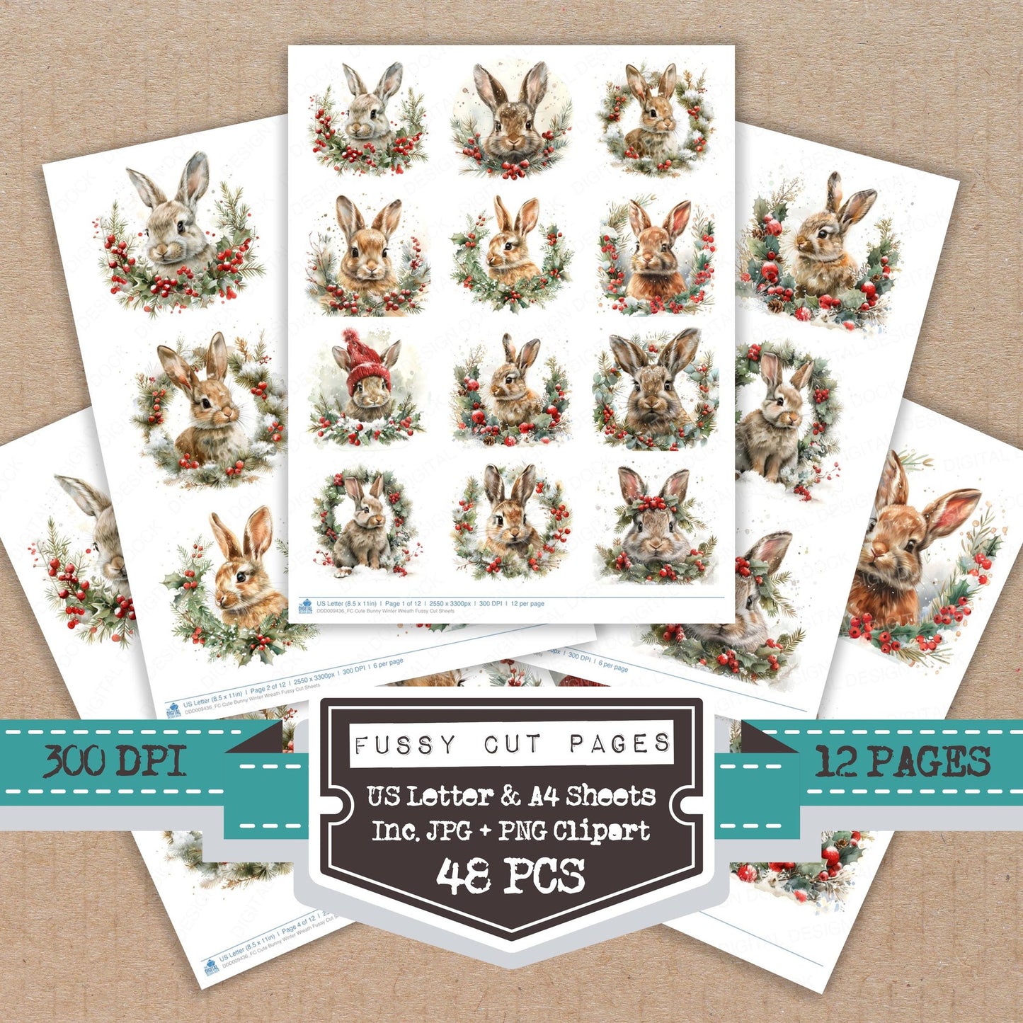 Cute Bunny Winter Wreath fussy cut printable sheets for junk journaling, scrapbooking, and paper craft projects